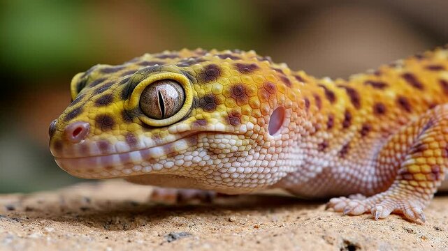 A close-up photo of a colorful gecko with distinctive spots and scales on its body resting on a sandy surface.