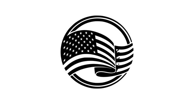 A circular emblem featuring a stylized flowing american flag with stars and stripes in black ink Vector