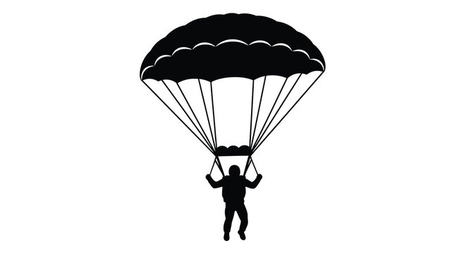 A stark silhouette depicts a skydiver descending with a fully opened parachute against white