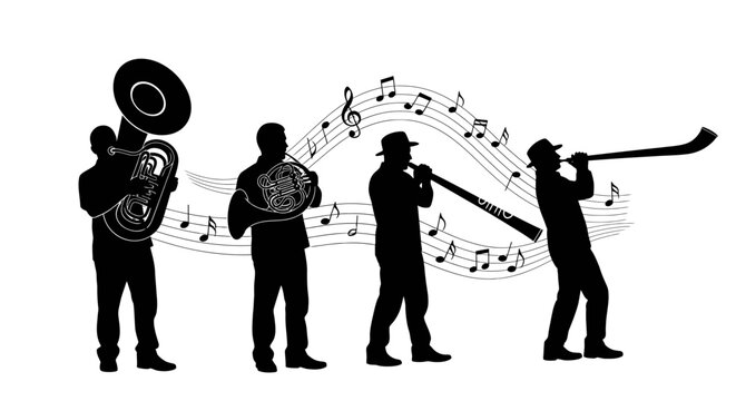 Silhouette of musicians playing various wind instruments with musical notes.