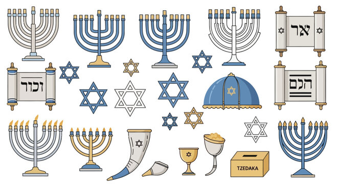 A diverse collection of illustrated Jewish religious symbols.