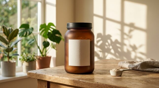 Amber glass protein supplement jar mockup with blank label