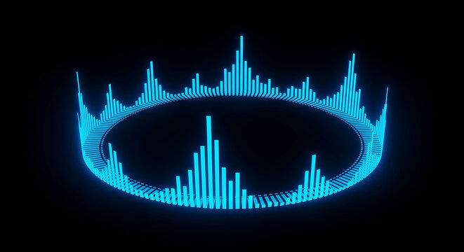 A futuristic blue sound wave graphic displayed on a black background