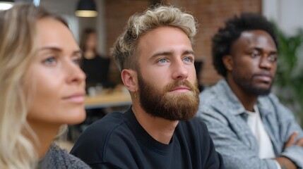 Fototapeta premium A diverse group of colleagues in a modern office setting attentively listening during a meeting or presentation