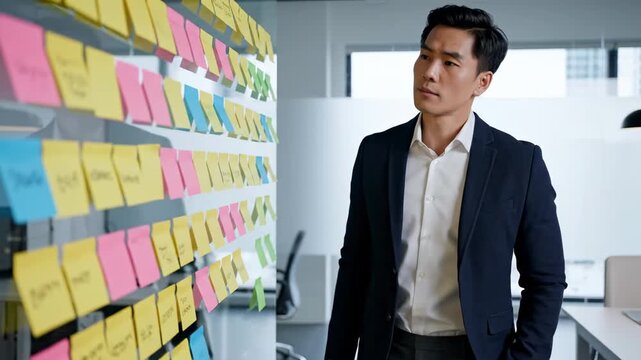 Young asian professional feeling stressed while organizing project tasks on a glass wall with sticky notes, facing challenges with time management, multitasking, and upcoming deadlines