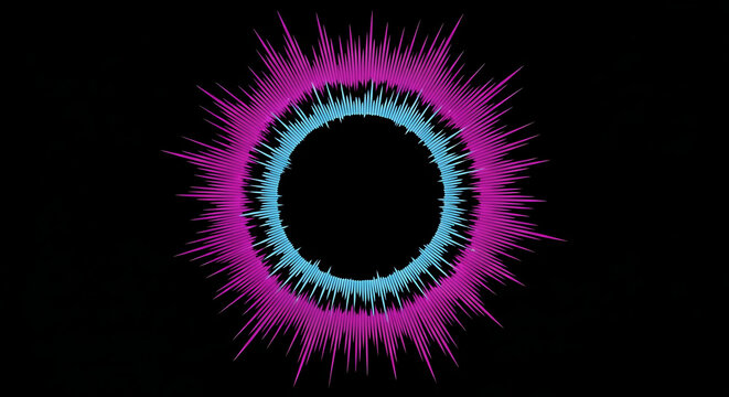 A vibrant abstract design featuring a circular pattern of pink and blue lines on a black background
