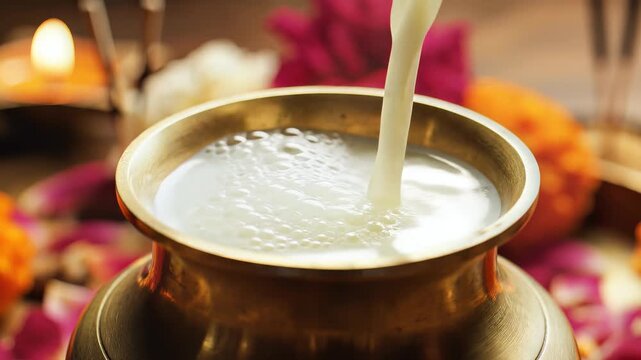 Traditional Milk Pouring in Brass Pot for Puthandu Ritual