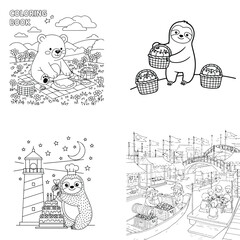 Fototapeta premium Adorable cartoon bear and sloth outlines for kids' coloring book fun with coloring pages