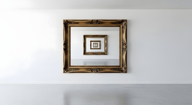 A large ornate golden frame on a white wall containing an infinite series of smaller identical frames, creating a Droste effect.