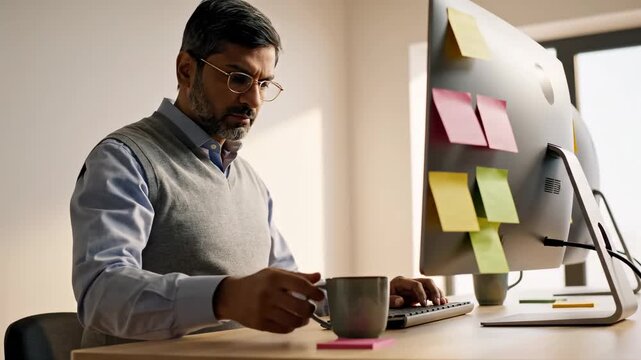 Focused middle aged businessman working under pressure, typing on his computer keyboard and drinking coffee while managing multiple tasks with sticky notes on his monitor to meet a tight deadline
