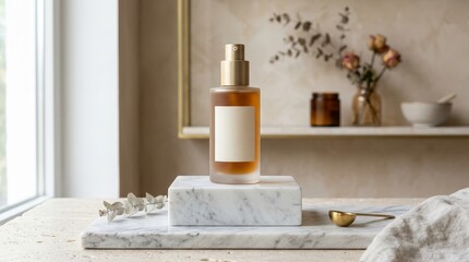 Obraz premium Luxury skincare bottle with blank label on marble display