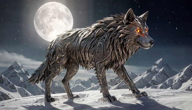 Mystical metallic wolf with intricate filigree pattern standing in a snowy mountain landscape under a full moon night sky, ornate damascus steel texture, hyper-detailed 3D render, cinematic lighting, 