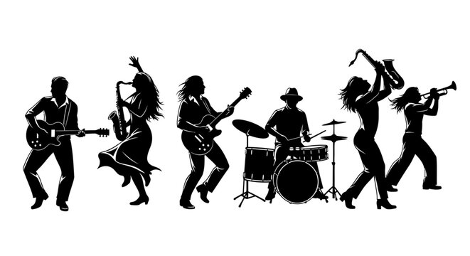 Collection of energetic musician silhouettes playing instruments.