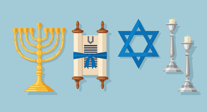 Jewish religious symbols including menorah Torah scroll Star of David and pillars.