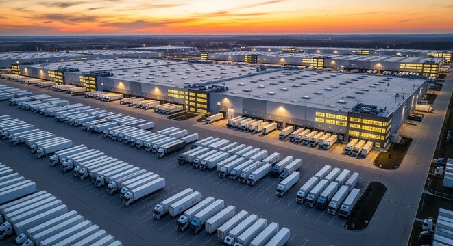 Aerial Drone View of a Large Distribution Warehouse with Rows of Delivery Trucks and Semi-Trailers