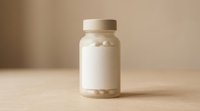 Minimal capsule bottle mockup with blank label and beige background