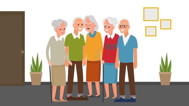 Group of elderly people standing together animation, senior community and active aging lifestyle concept