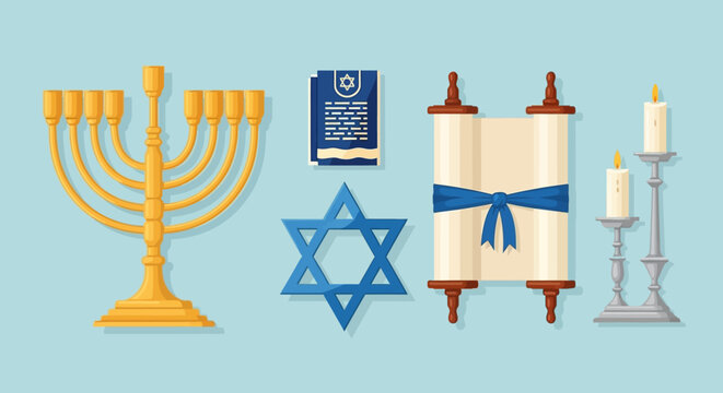 Jewish Symbols: Menorah Star of David Torah Scroll Prayer Book and Candlesticks.