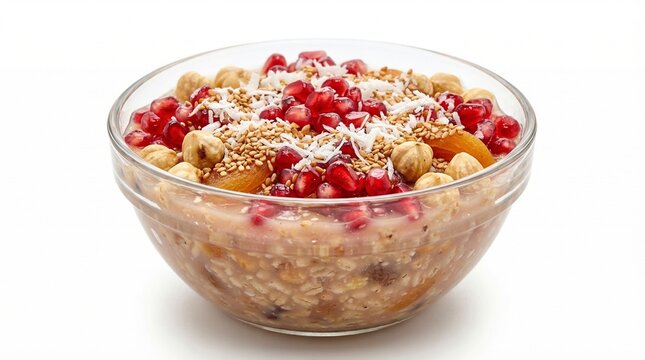 Noah&rsquo;s Pudding with Pomegranate Seeds in Glass Bowl Isolated on White