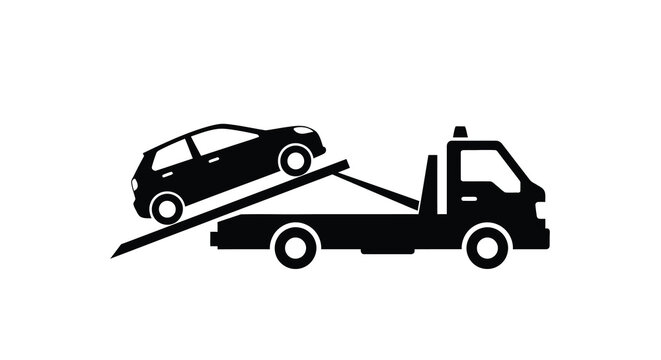 A black silhouette depicts a compact car being transported on a flatbed tow truck