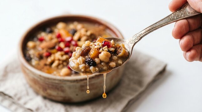 Spoonful of Noah&rsquo;s Pudding with Honey Drip Close-Up Food Photography