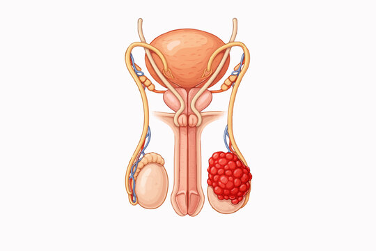 Illustration of the male reproductive system highlighting a cancerous tumor on the testicle