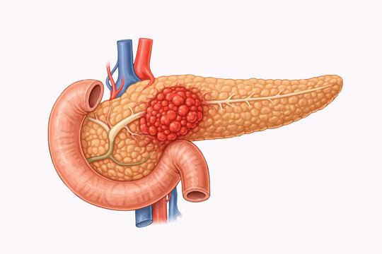 Anatomical illustration of a pancreas with a tumor and surrounding duodenum and blood vessels