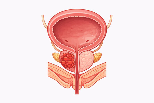 Illustration of a cancerous prostate gland with enlarged nodules and bladder