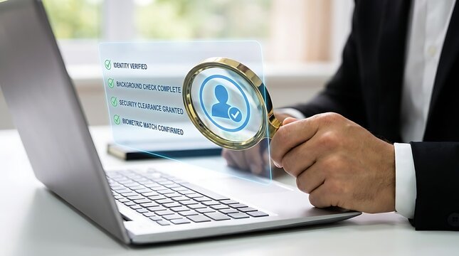 Man in suit examines laptop screen showing verified identity background and security clearance with magnifying glass and digital checklist complete
