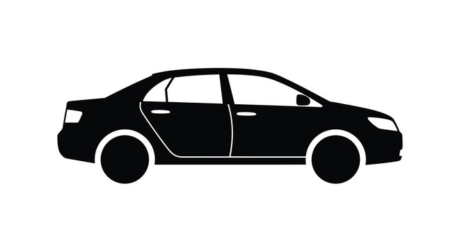 A sleek black silhouette of a modern sedan with an open driver s side door
