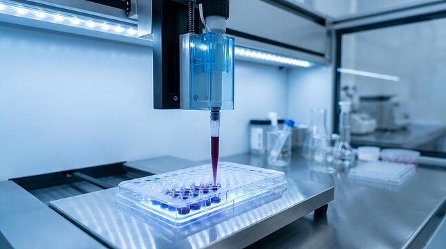 Automated liquid handling robot arm precisely dispensing colored fluid into well plate for scientific research laboratory experiment