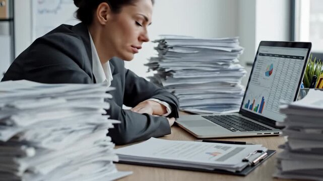Exhausted and overworked businesswoman waking up at her desk, surrounded by huge piles of documents and paperwork, struggling to meet a deadline and feeling the pressure of corporate stress