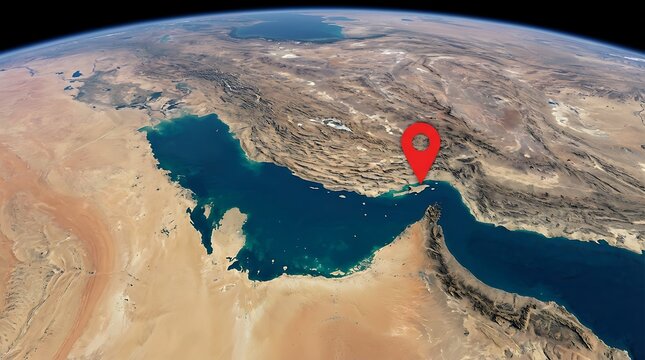 Satellite view of Middle East showing Persian Gulf and Strait of Hormuz with marker indicating location, global trade route for oil