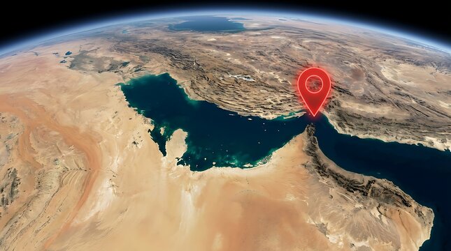 Earth from space showing Middle East, Persian Gulf, Strait of Hormuz with red location pin, important hub for global oil transportation