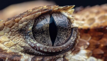 Obraz premium Close-up image of a reptile's eye with textured scales and a vertically slit pupil, highlighting intricate patterns and natural camouflage.