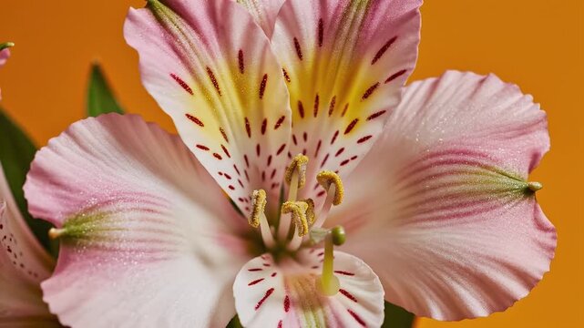 Close Up of Delicate Pink Alstroemeria Flower with Yellow Center and Orange Background