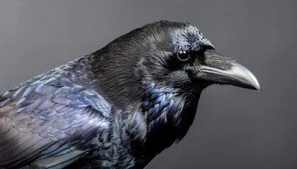 Fototapeta premium Close-up of a raven's head showcasing its glossy black feathers and sharp beak against a neutral gray background.