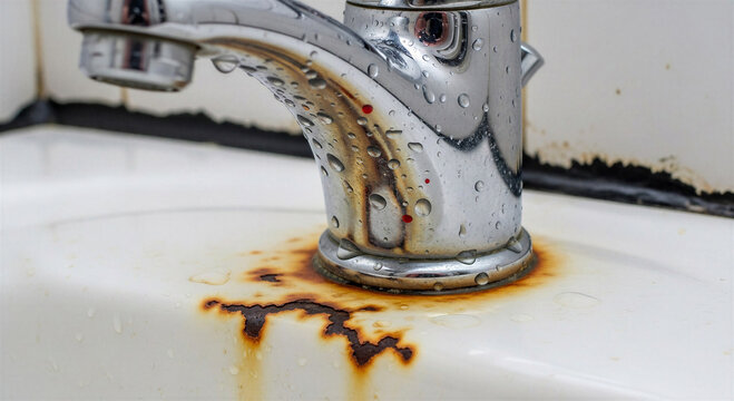 Rust stains on sink under chrome faucet with water droplets  