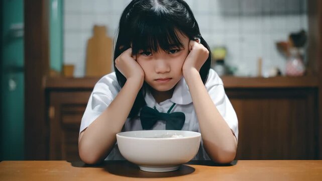 Asian young girl in school uniform looks at soup bowl in kitchen setting
