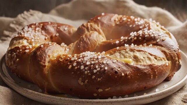 Warm Soft Pretzel Topped With Coarse Sea Salt On Rustic Plate