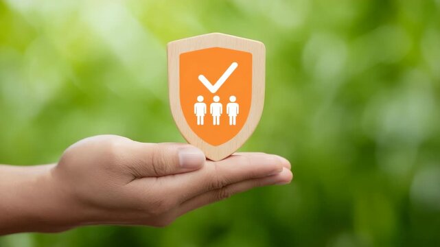 Hand holding shield symbolizing family protection with orange checkmark