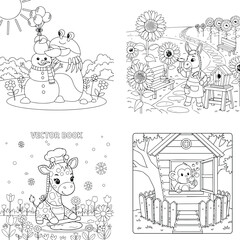 Obraz premium Sweet animal coloring set: snowman friends, giraffe flowers, treehouse, baby animal scenes