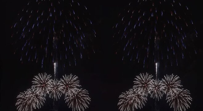 split-screen fireworks night burst display in red blue white over dark sky
