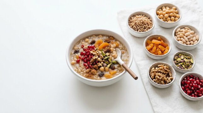 Noah&rsquo;s Pudding with Ingredients Arrangement on White Background