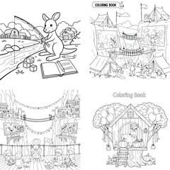 Fototapeta premium Kangaroo fishing and fantasy castle coloring book pages for kids creative activity