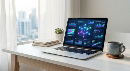Fototapeta premium Modern workspace with laptop displaying AI data analysis