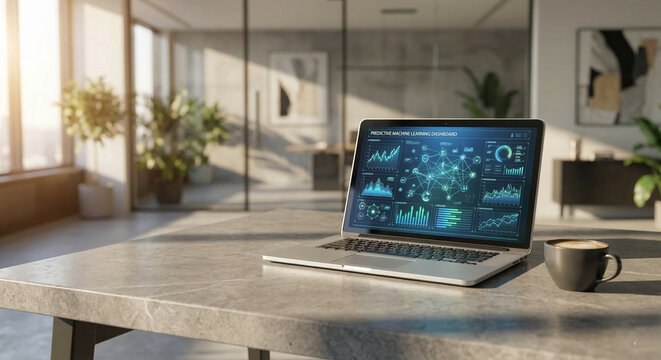 Laptop displaying predictive machine learning dashboard in office