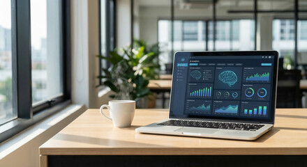Fototapeta premium Laptop displaying AI analytics dashboard in modern office