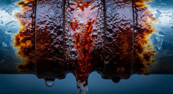 Rusty pipe joint leaking water with corrosion and droplets  