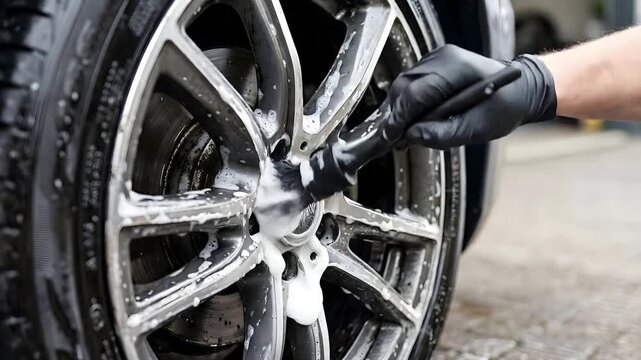 Close up of a hand in black glove cleaning a detailed silver car wheel rim with white foam and a brush during daylight a closeup detail shot of a car